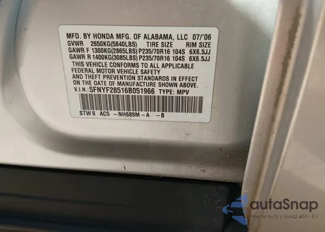 2006 Honda Pilot Ex-L из США, поврежденный, VIN 5FNYF28516B051966